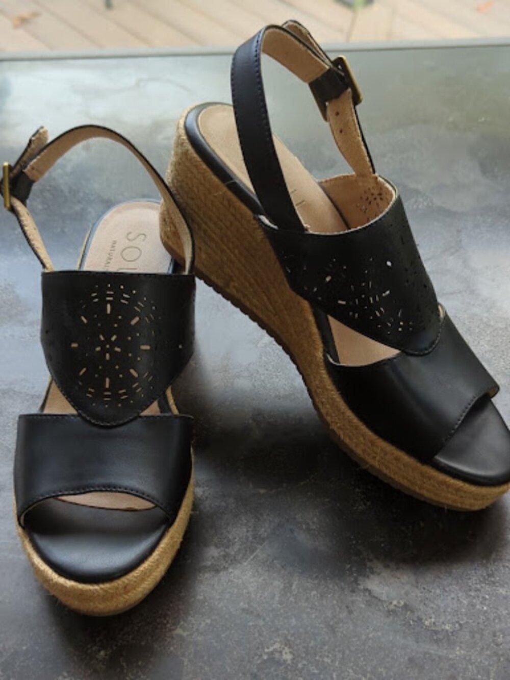 SOUL Naturalizer Ocean Black Laser Cut Espadrille Wedge Sandals Size 8.5